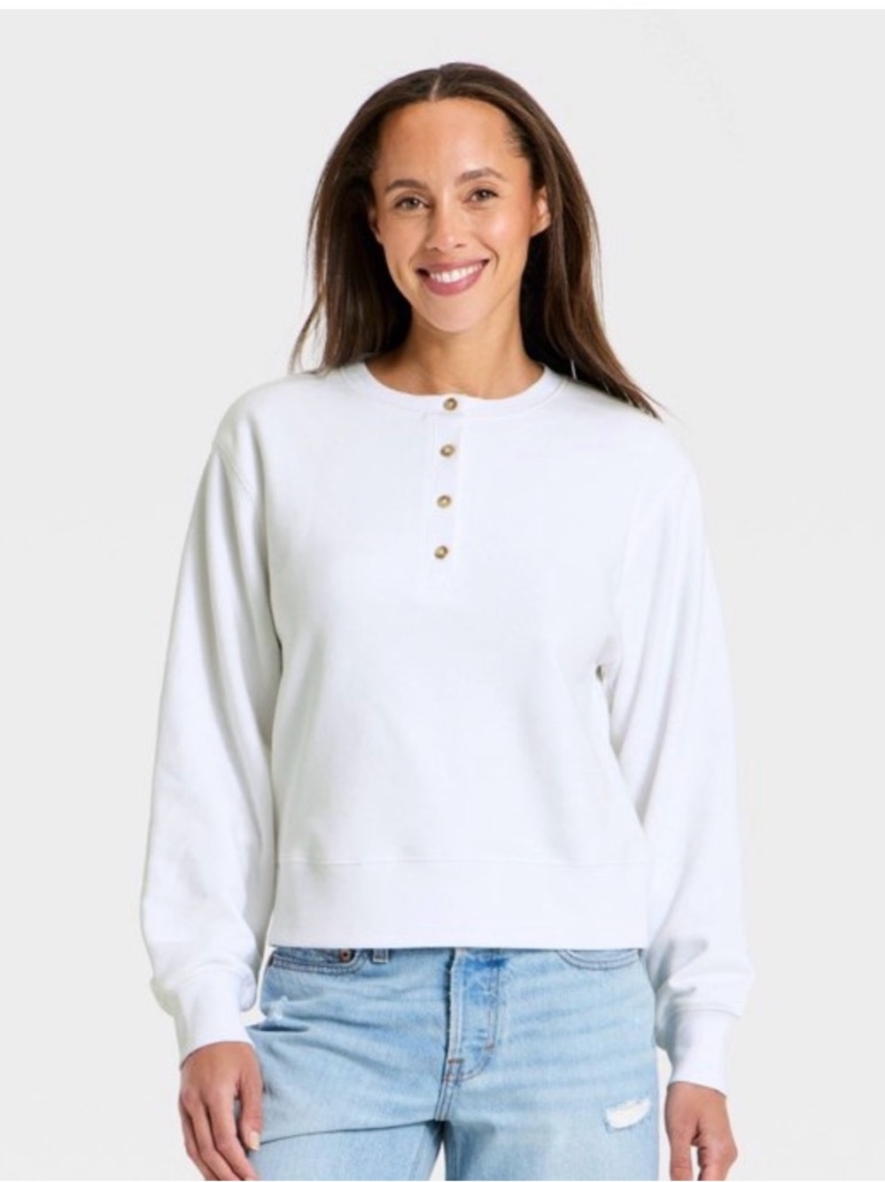 Universal Thread White Henley Sweatshirt with Button Placket